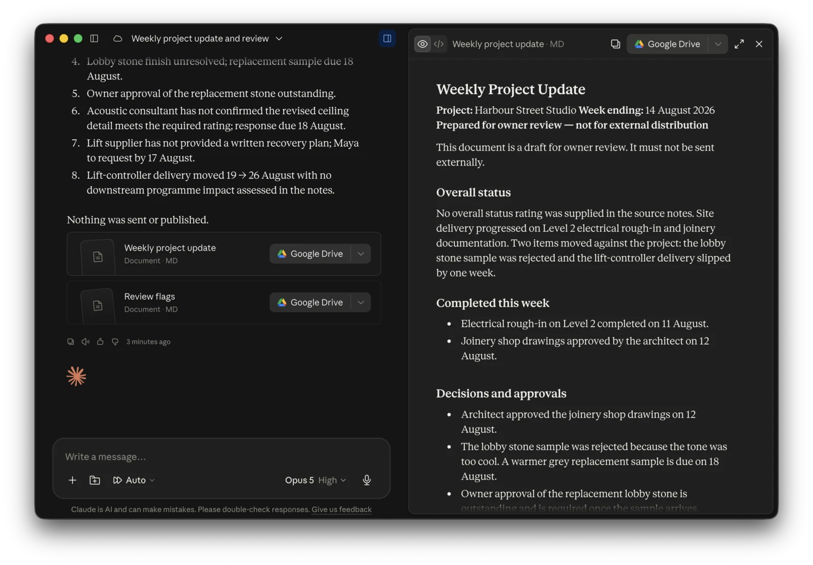 A completed Claude Cowork demo task showing two generated files and a preview of the weekly project update.